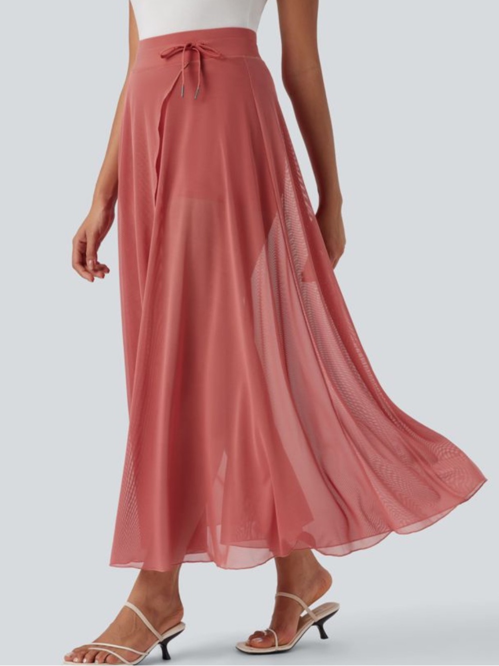 NWOT Halara Coral High Waisted Drawstring Mesh 2-in-1 Pocket Maxi Skirt
